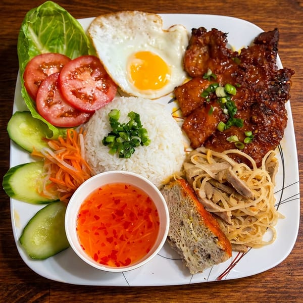 Vietnamese Com Tam plate with grilled pork, fried egg, rice, steamed meatloaf, fresh salad, and dipping sauce.