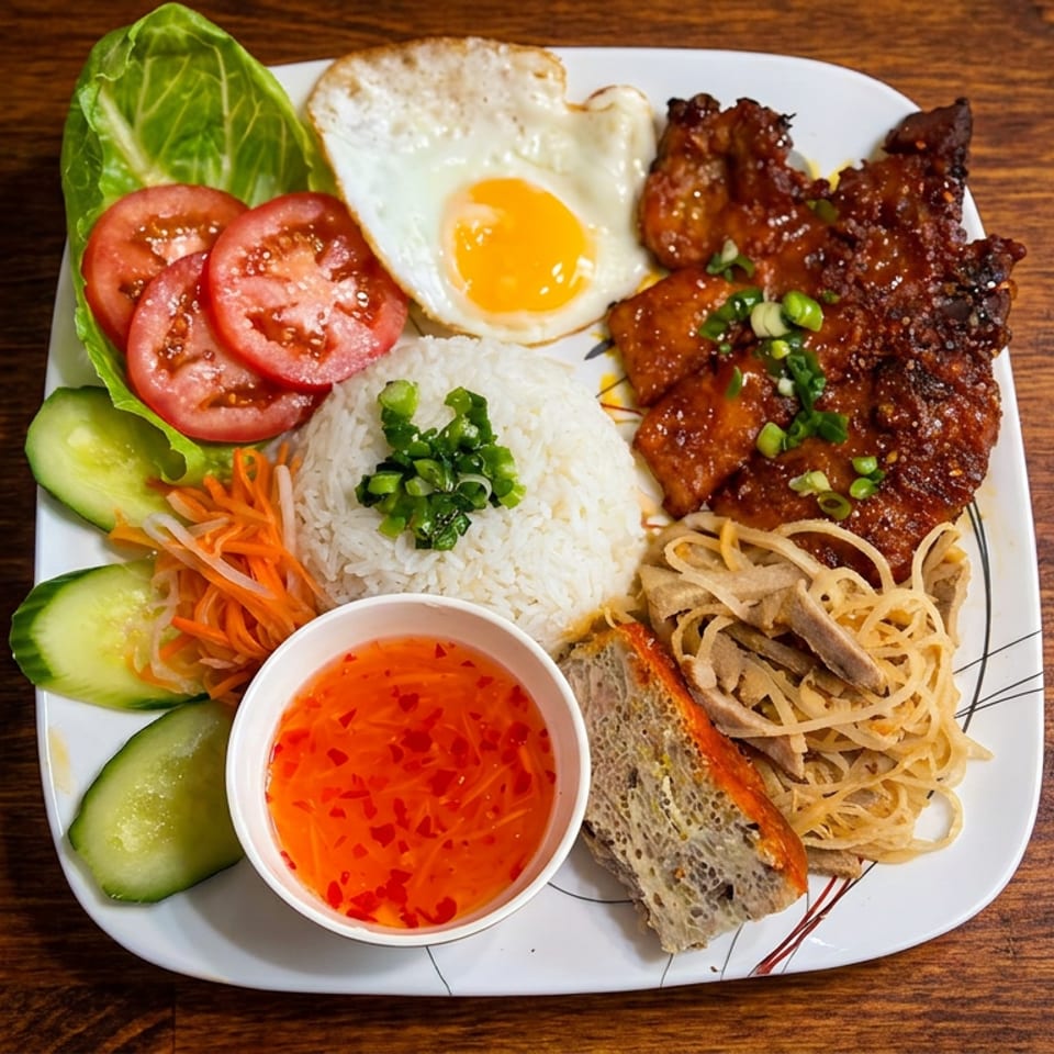 Vietnamese Com Tam plate with grilled pork, fried egg, rice, steamed meatloaf, fresh salad, and dipping sauce.